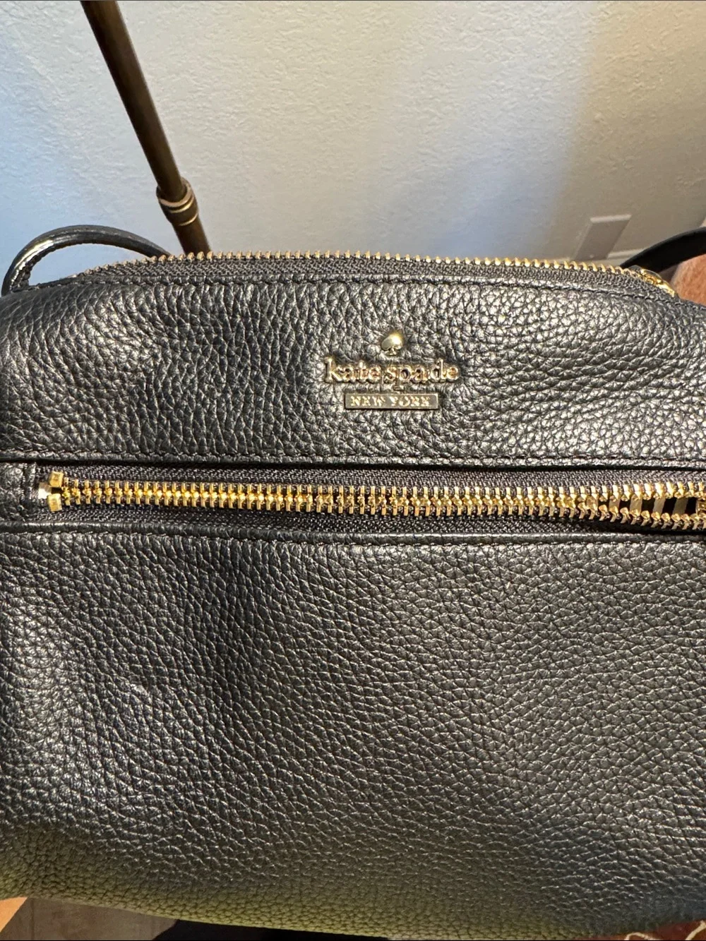 kate spade black pebbled leather crossbody with gold zippers